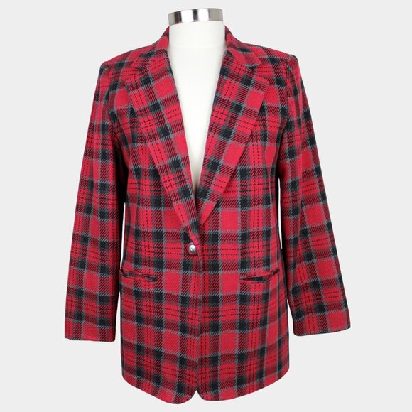 Vintage 80s Red Plaid Wool Blazer Jacket Size 8 - Picture 1 of 9